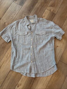 J. Crew Short-Sleeve Linen Button-Up Shirt in Blue and White